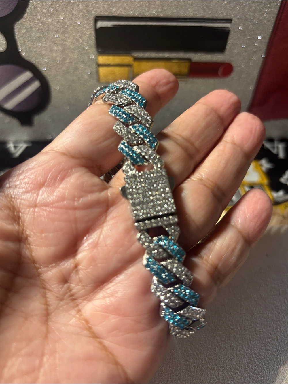 8”Sparkling Blue and Silver Cuban Link Bracelet